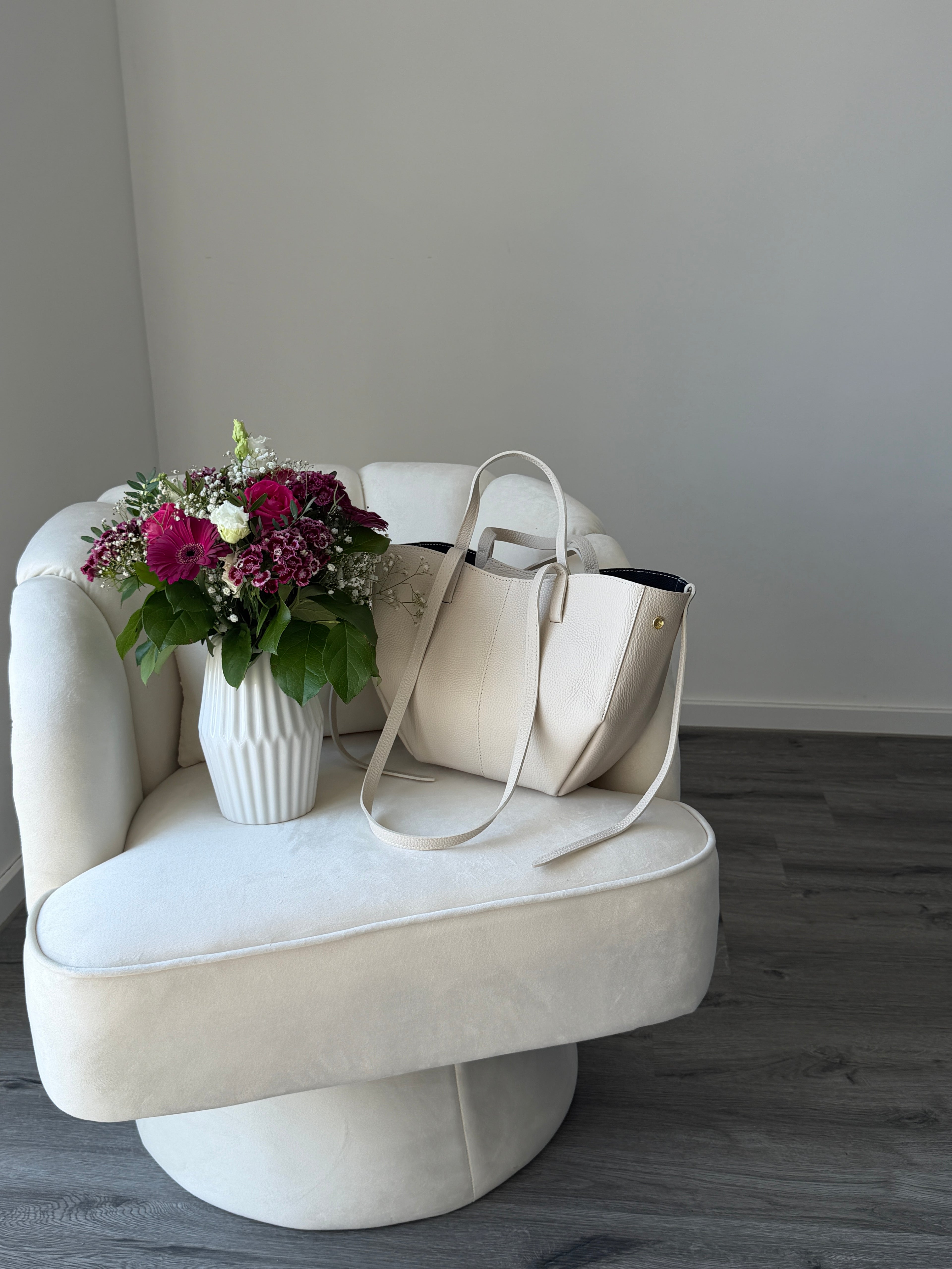 LAURA Cream Leather Bag Shopper Medium