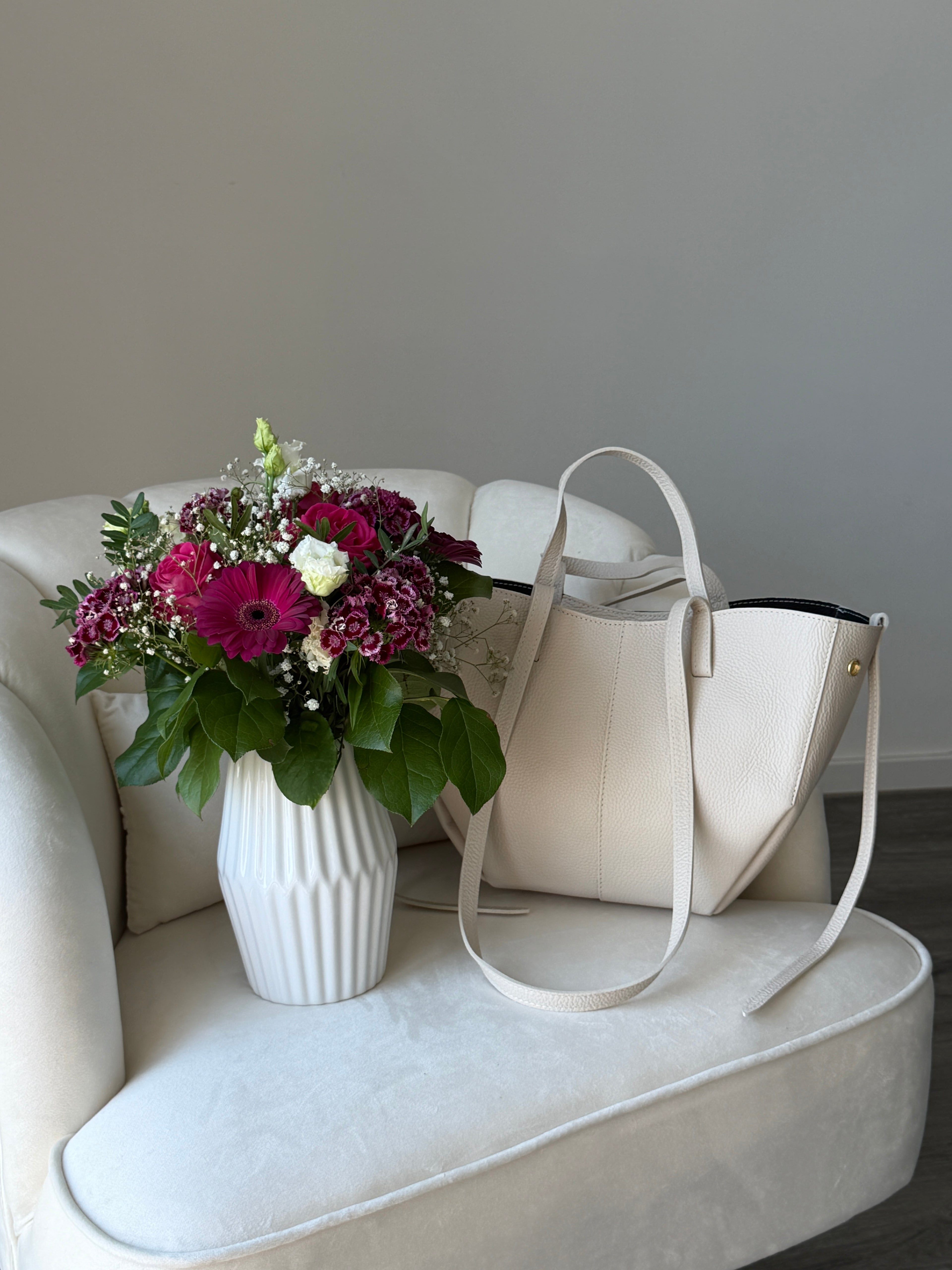 LAURA Cream Leather Bag Shopper Medium