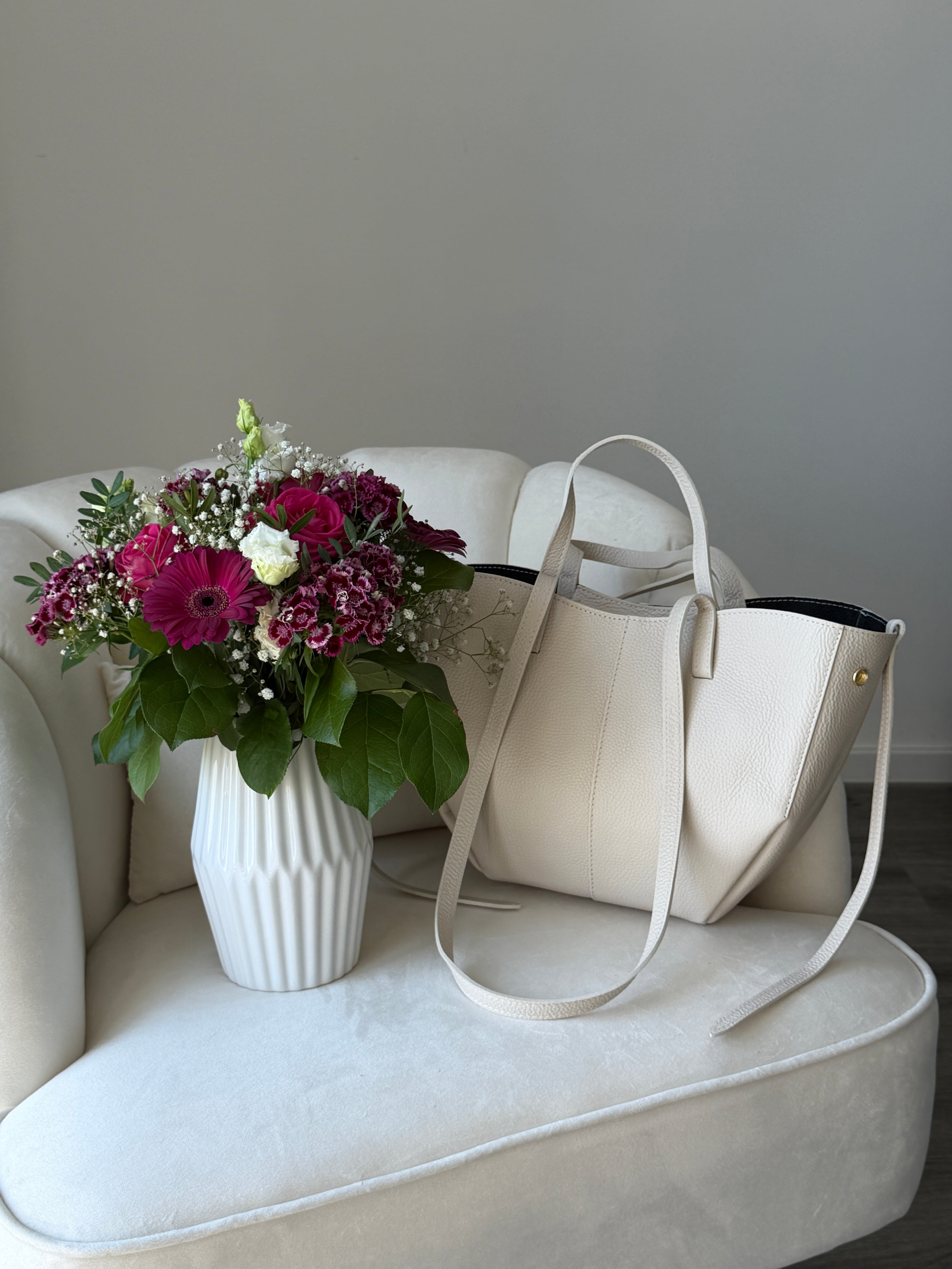 LAURA Cream Leather Bag Shopper Medium
