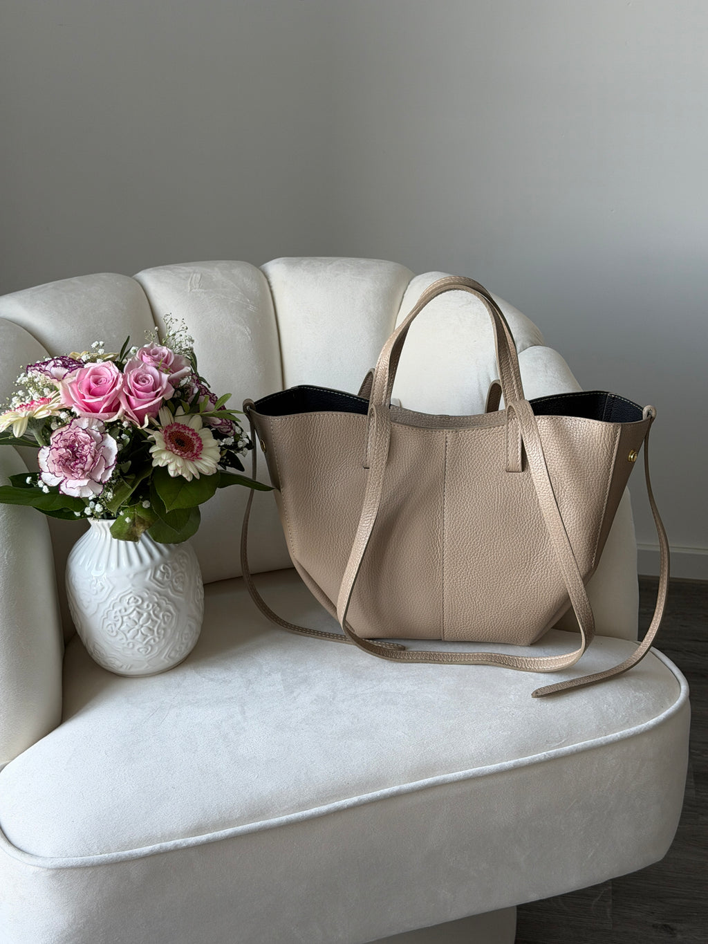 LAURA Beige Leather Bag Shopper Medium