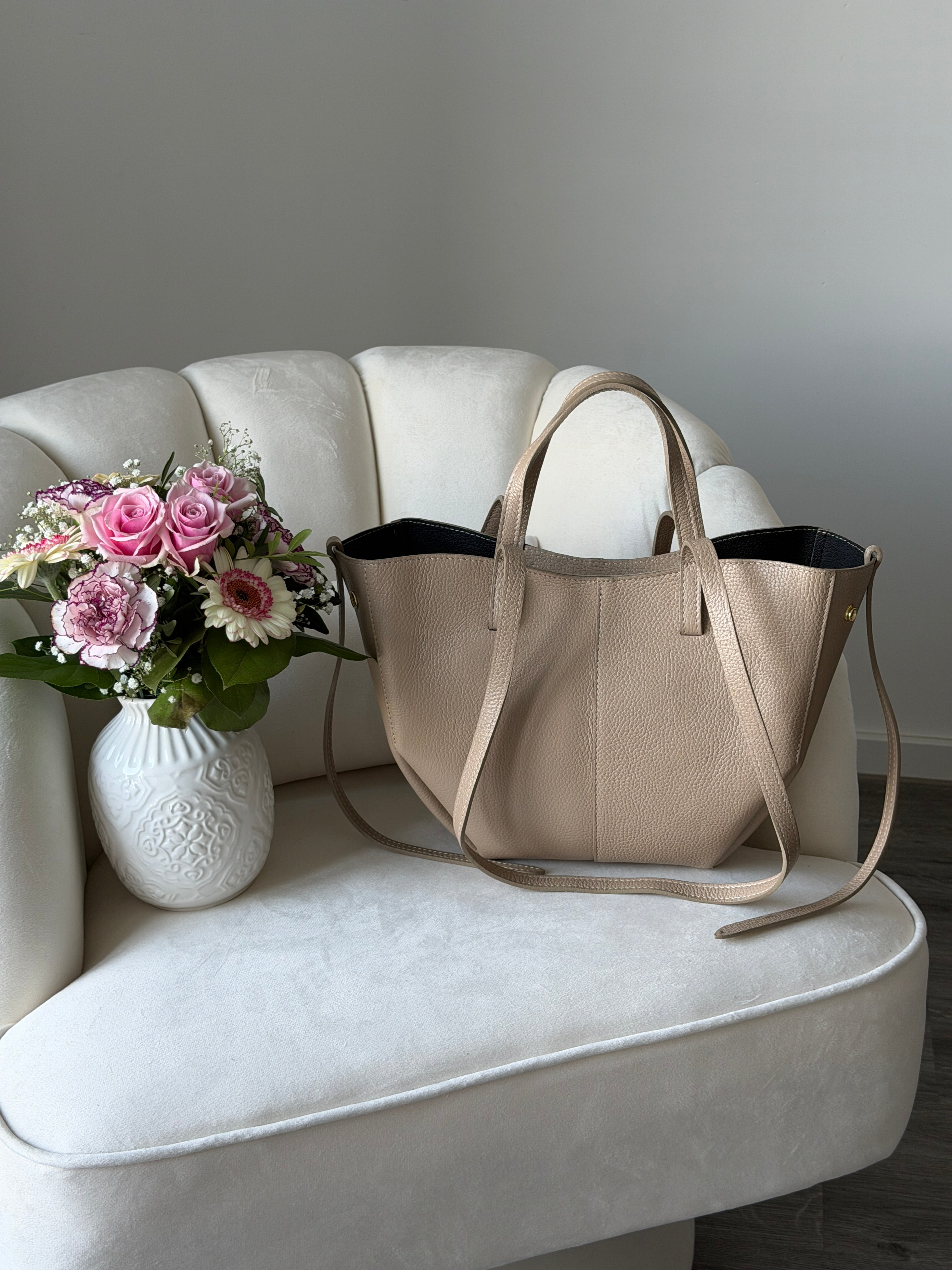 LAURA Beige Leather Bag Shopper Medium